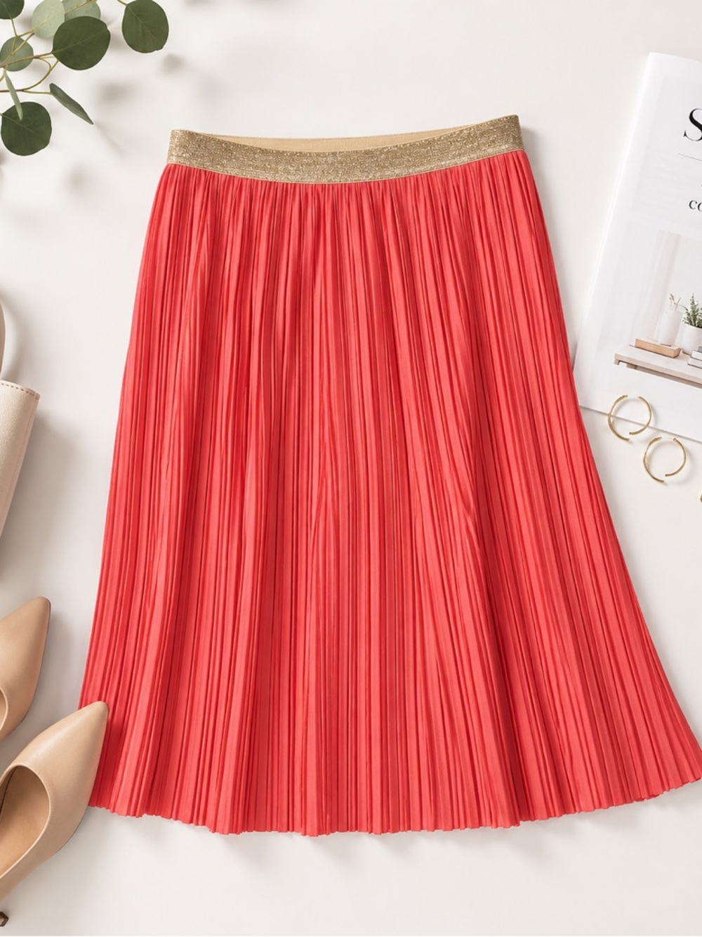 APT 9 Coral Pleated Midi Skirt Gold Metallic Waistband Size Medium Party